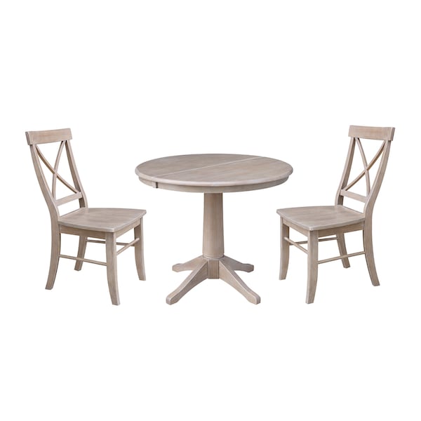 International Concepts Round 36 in Rd Extension Dining Table, 2 X-Back Chairs, Washed Gray Taupe, 36 in W, 48 in L, Wood K09-36RXT-27B-C613-2 - main